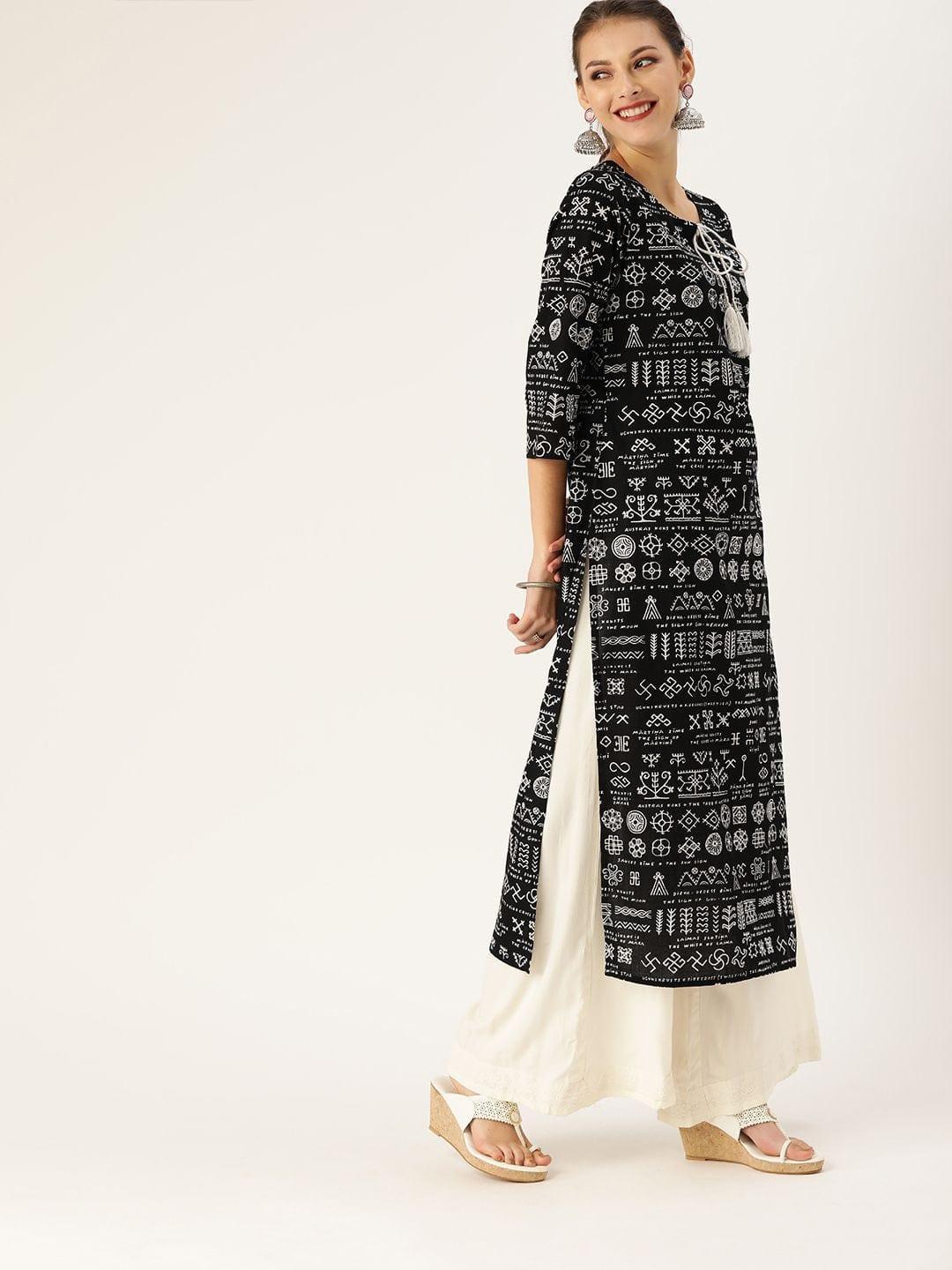 Women Black & White Printed Straight Kurta - Indiakreations