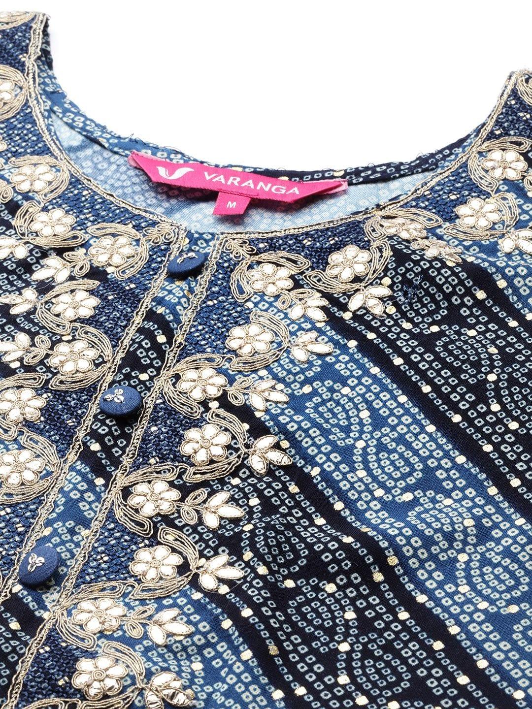 Blue bandhani printed kurta with embroidered yoke - Indiakreations