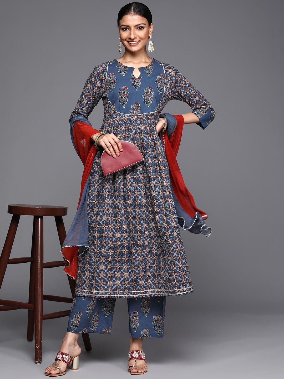 Varanga blue and rust yoke style anarkali paired with printed palazzo and ombre dupatta - Indiakreations