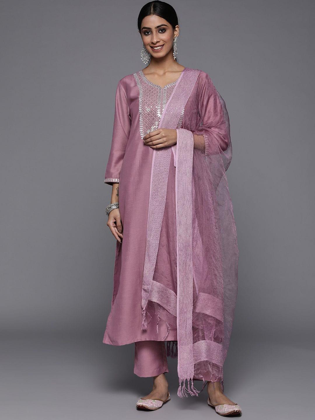 Varanga Mauve Embroidred Kurta Paired With Tonal Bottom And Dupatta - Indiakreations