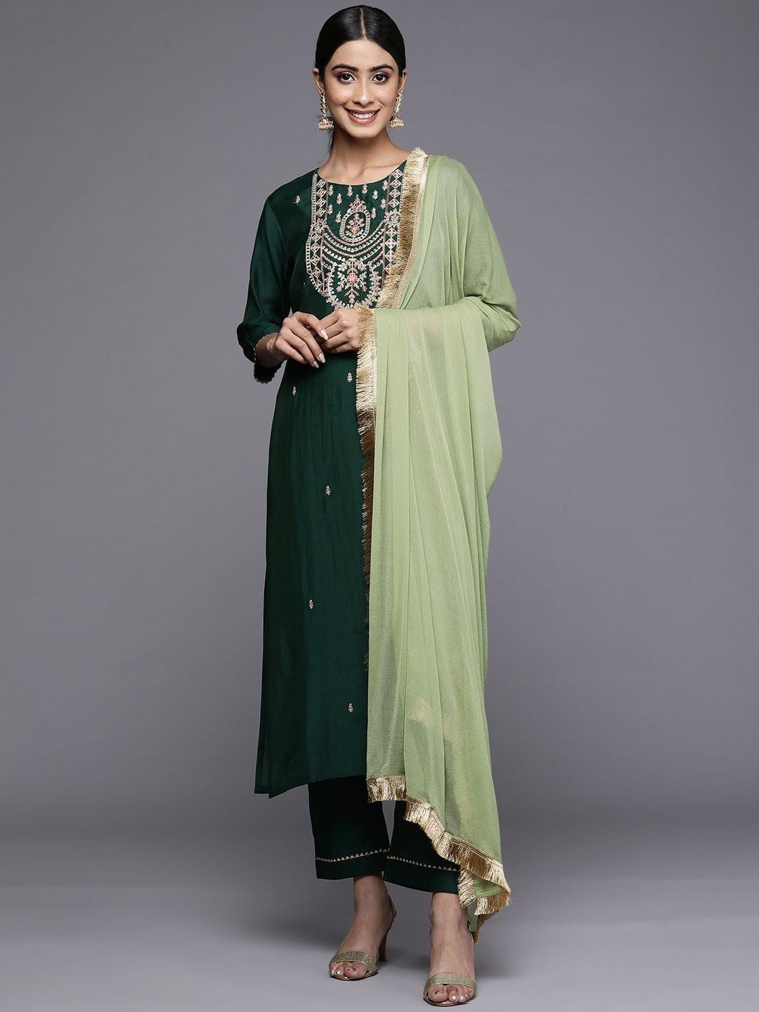 Varanga Green Embroidered Kurta Paired With Tonal Bottom And Contrast Dupatta - Indiakreations