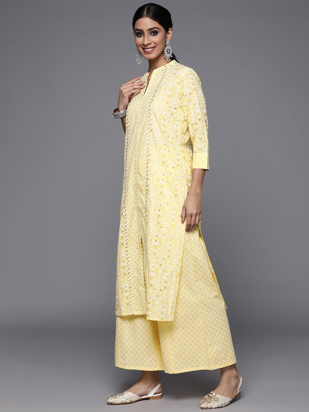 Varanga yellow printed kurta paired with straight printed bottom and contrast dupatta - Indiakreations