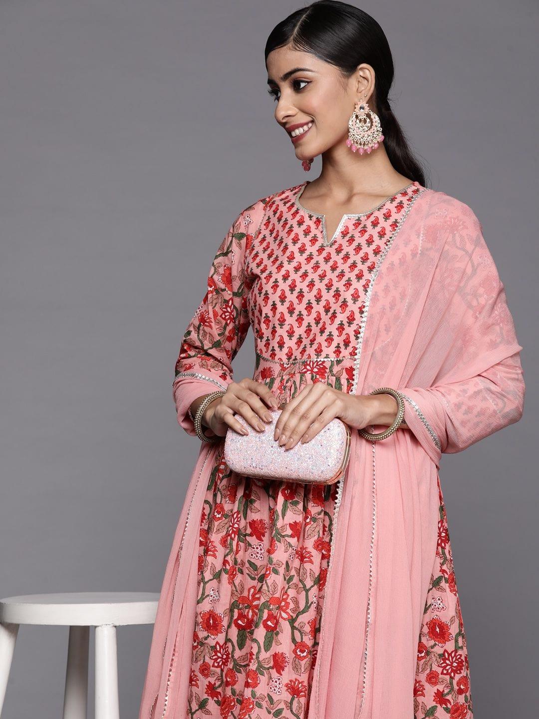 Varanga peach floral kurta with printed bottom and tonal chiffon dupatta - Indiakreations