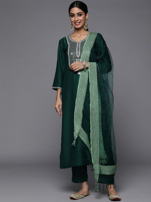 Varanga Green Embroidered Kurta Paired With Tonal Trouser And Dupatta - Indiakreations