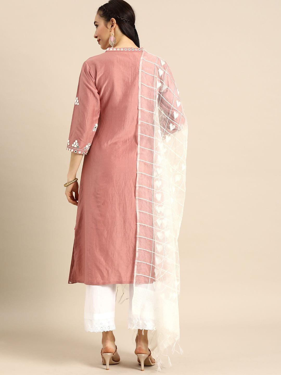 Varanga mauve mirror embroidered straight kurta paired with contrast plazzo and dupatta - Indiakreations