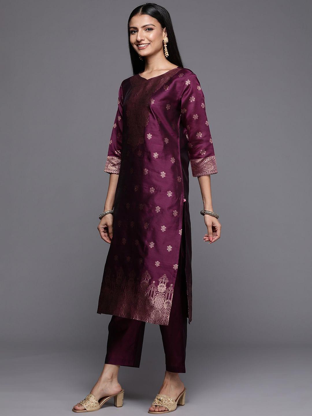 Varanga purple brocade kurta paired with straight trouser and chiffon dupatta - Indiakreations