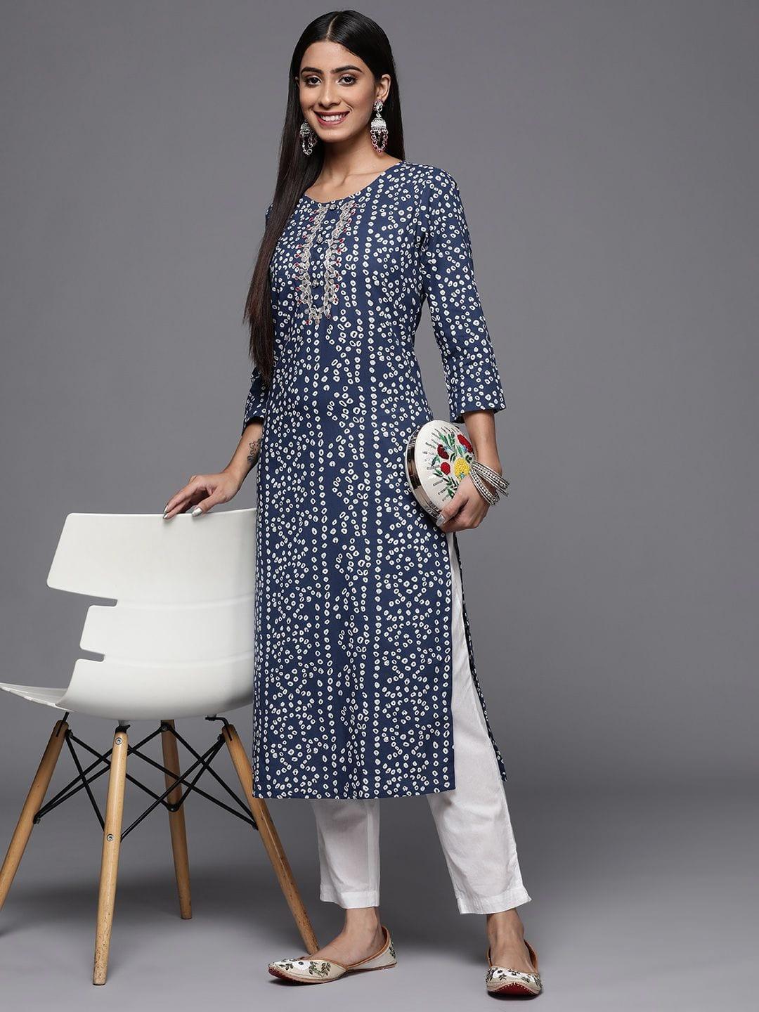 Blue Bandhani Print Embroidered Kurta Has Round Neck - Indiakreations