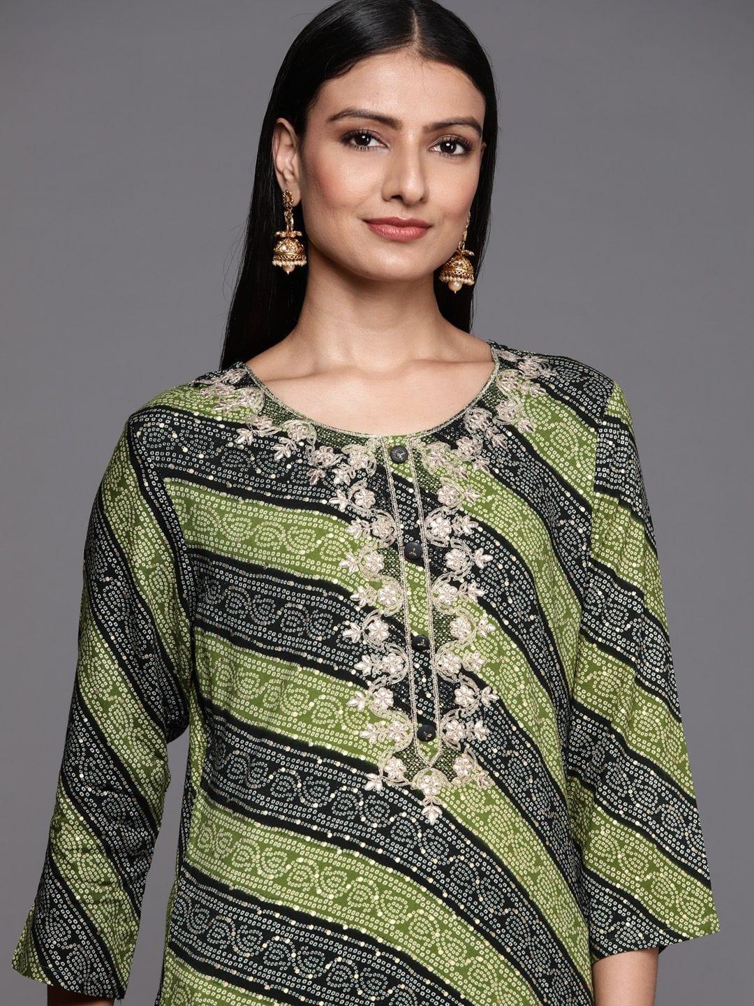 green and black bandhani printed kurta with embroidered yoke - Indiakreations