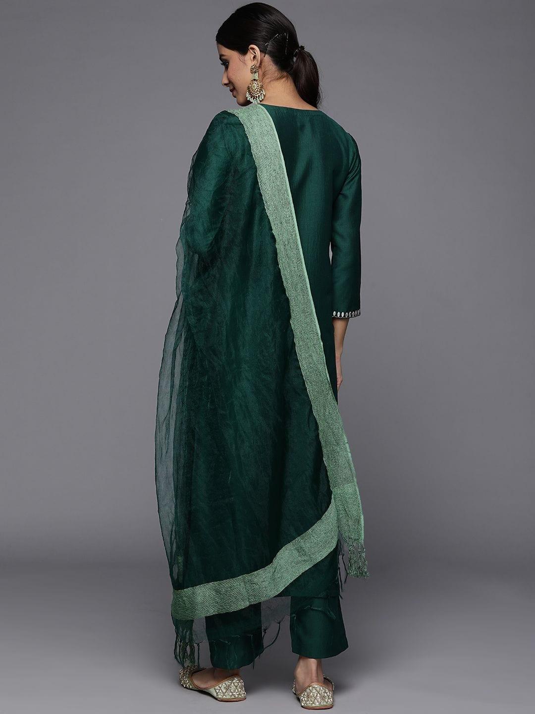 Varanga Green Embroidered Kurta Paired With Tonal Trouser And Dupatta - Indiakreations