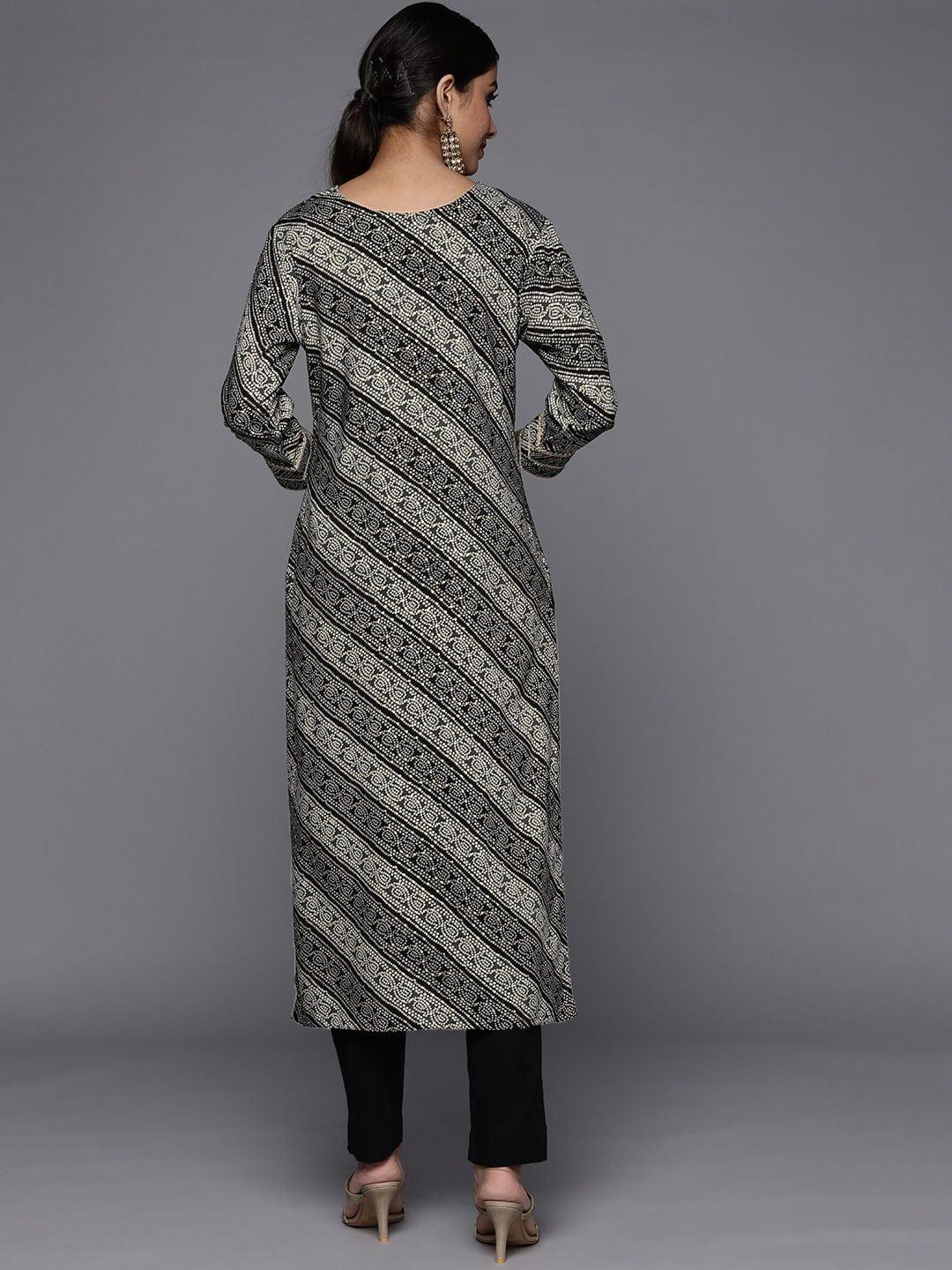 grey and black bandhani printed kurta with embroidered yoke - Indiakreations