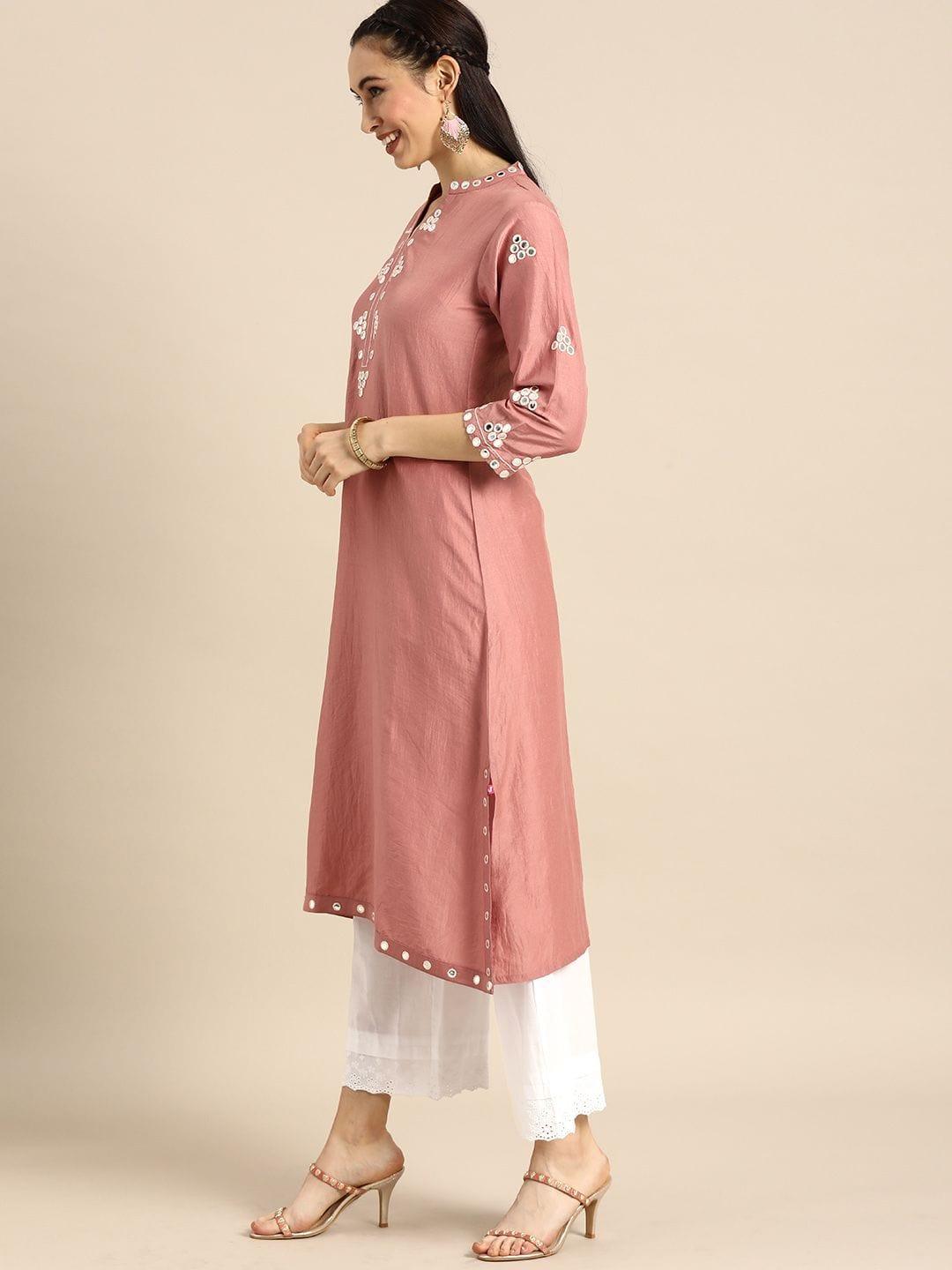 Varanga mauve mirror embroidered straight kurta paired with contrast plazzo and dupatta - Indiakreations