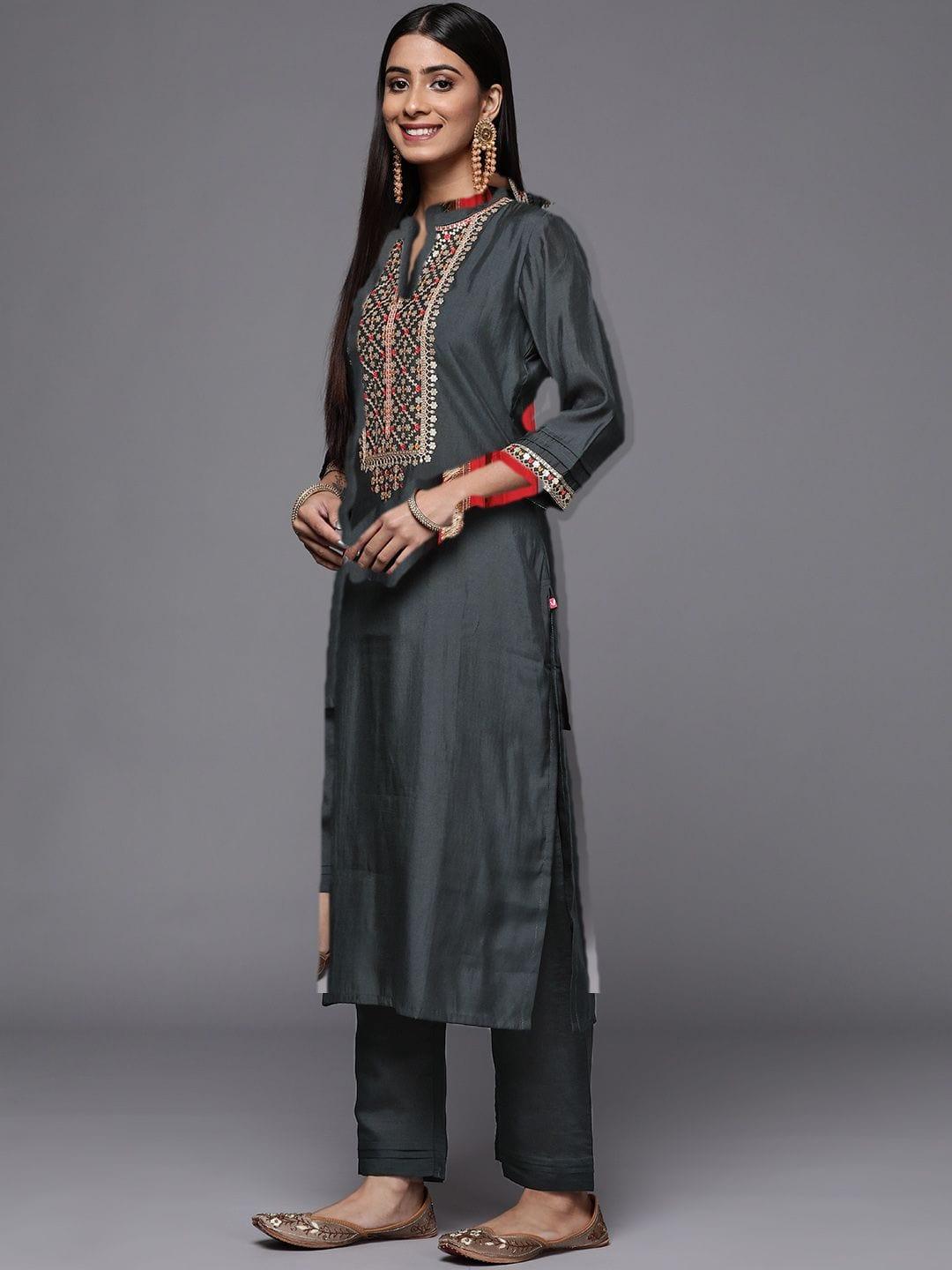 Varanga Grey Embroidered Kurta Paired With Tonal Bottom And Contrast Dupatta - Indiakreations