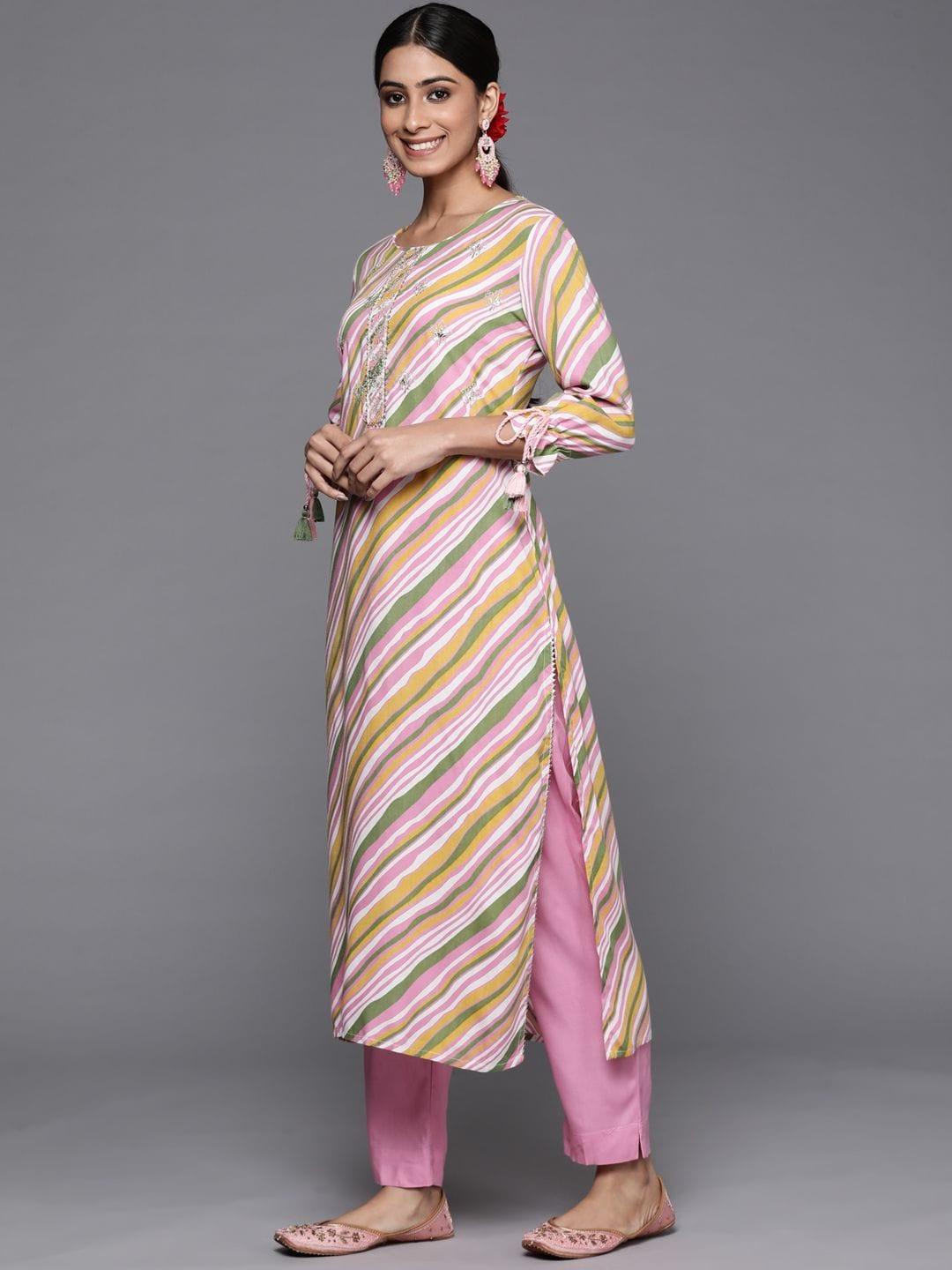 Varanga leheriya printed emboidered kurta paired with plain pink bottom - Indiakreations