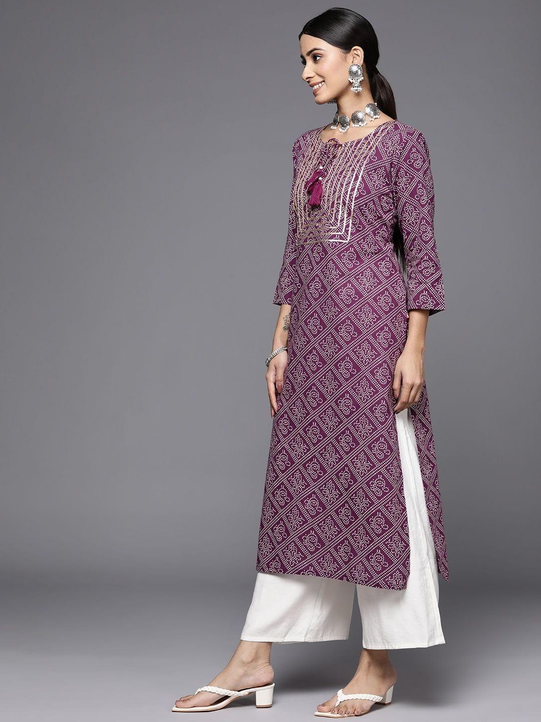 Purple Round Neck Straight Kurta With Lace Detailing On Yoke - Indiakreations