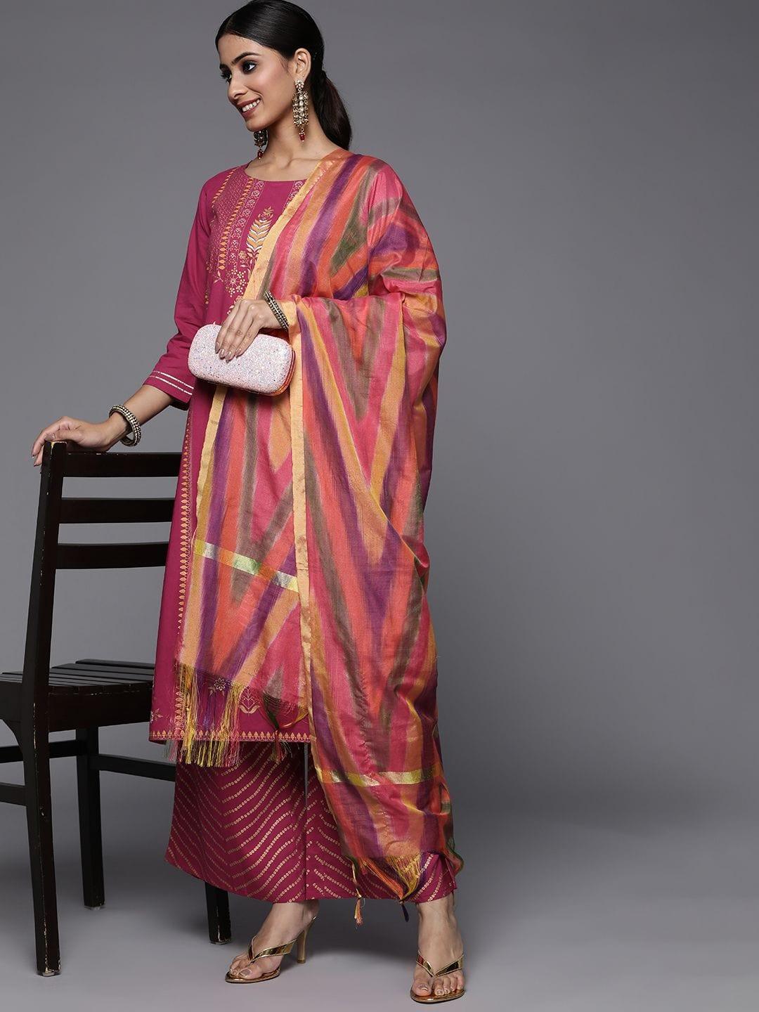 Varanga pink printed kurta paired with tonal plazzo and contrast dupatta - Indiakreations