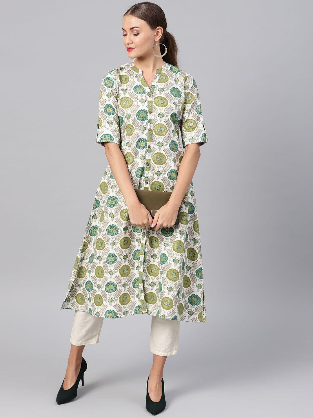 Women Off-White & Green Printed A-Line Kurta - Indiakreations