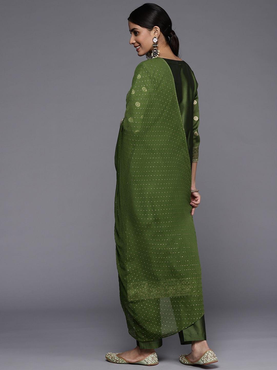 Varanga Women Olive Green Ethnic Motifs Kurta with Trousers & With Dupatta - Indiakreations