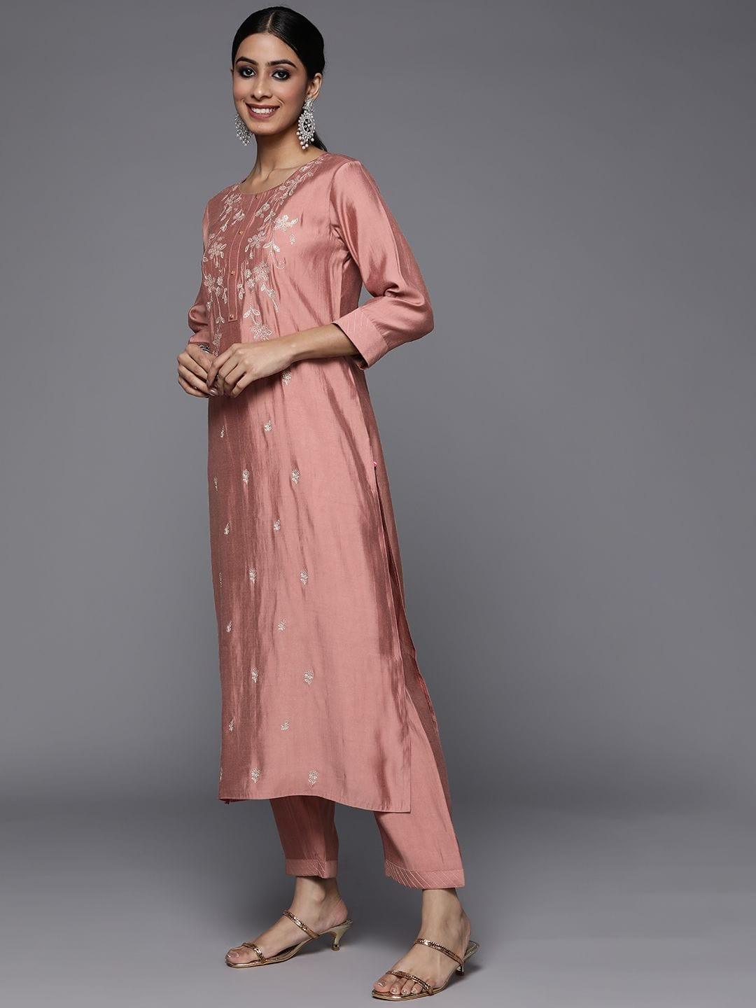 Varanga pink embroidered kurta paired straight tonal bottom and dupatta - Indiakreations