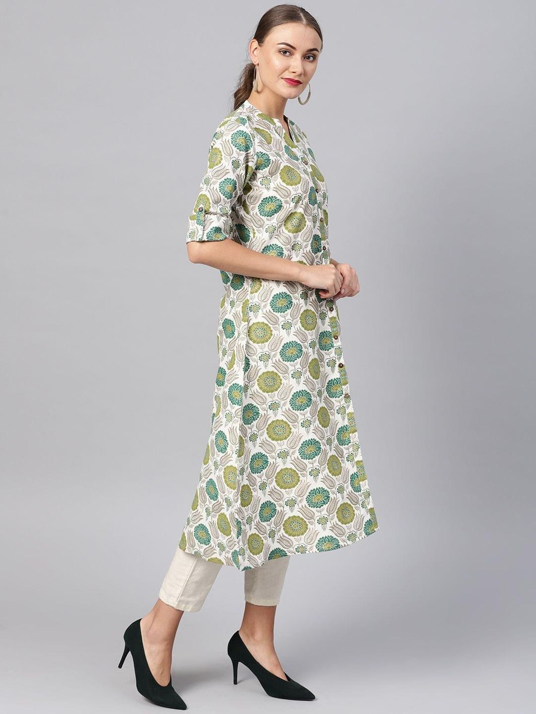 Women Off-White & Green Printed A-Line Kurta - Indiakreations