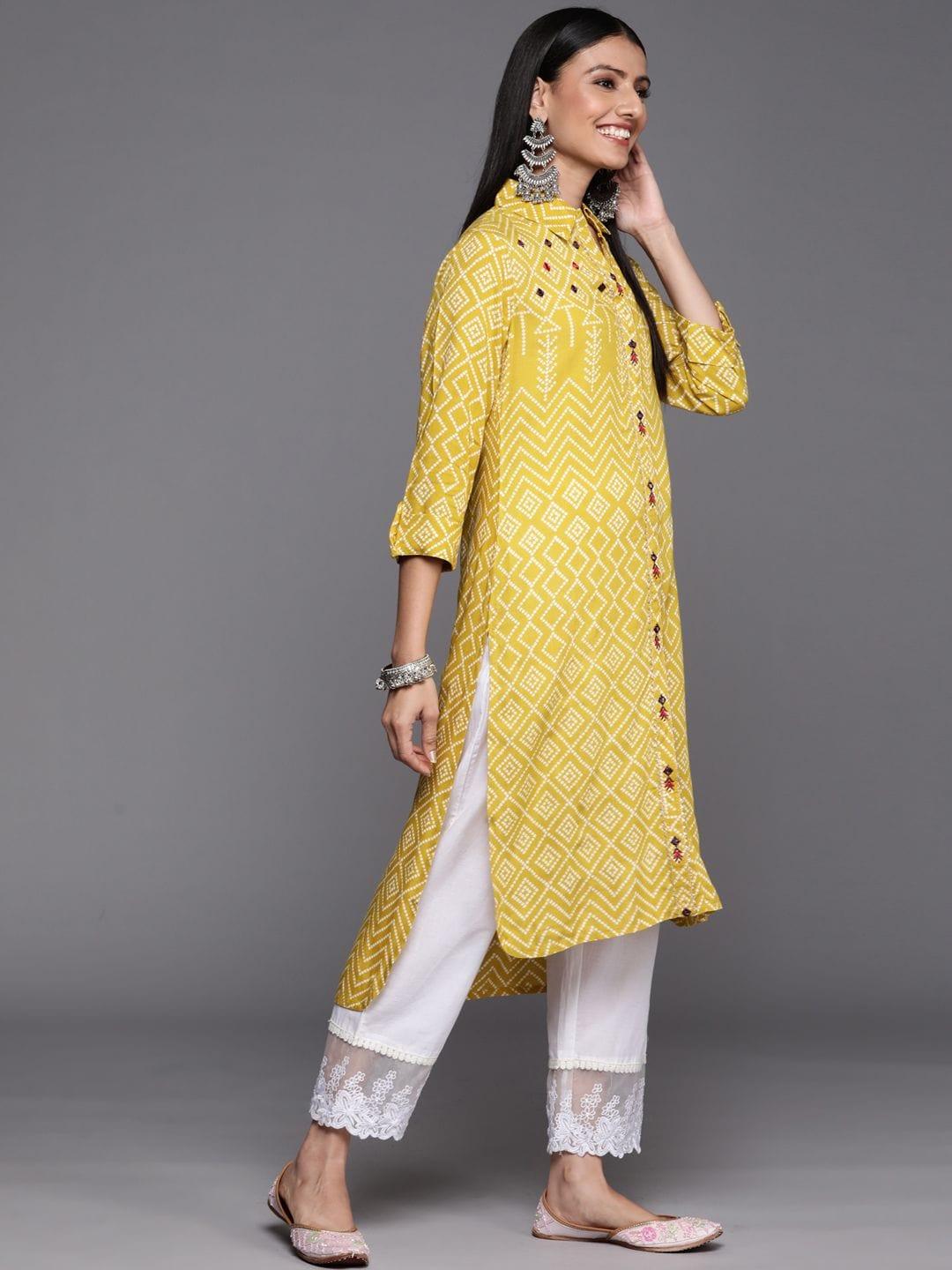 bandhani printed embroidered straight kurta with collar - Indiakreations