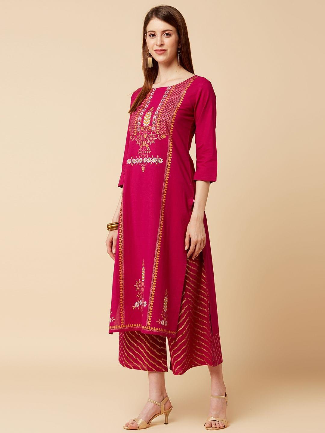 Varanga Women Magenta & Beige Printed Kurta with Palazzos - Indiakreations