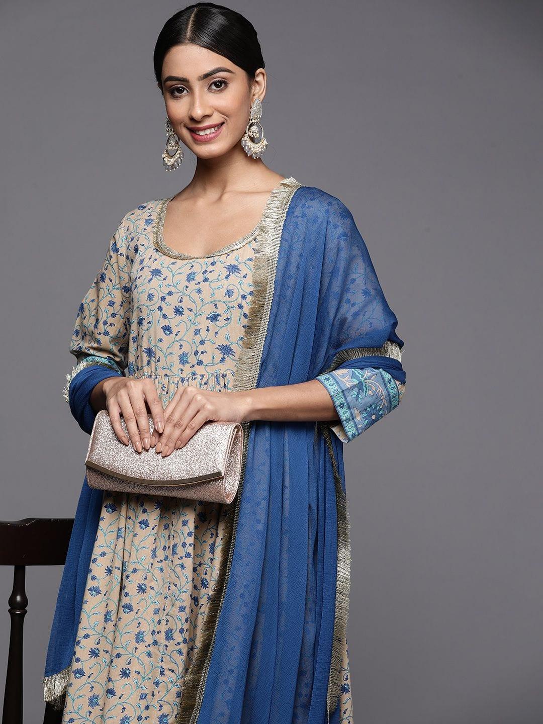 beige and blue floral printed anarkali kurta with chiffon dupatta - Indiakreations