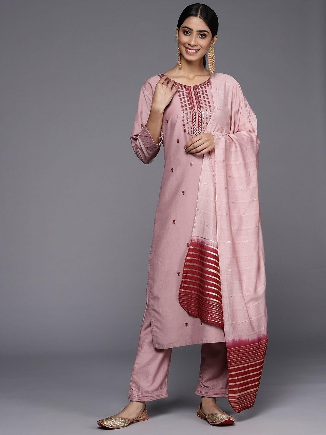 Varanga Women Pink Ethnic Motifs Embroidered Sequinned Kurta with Trousers & With Dupatta - Indiakreations