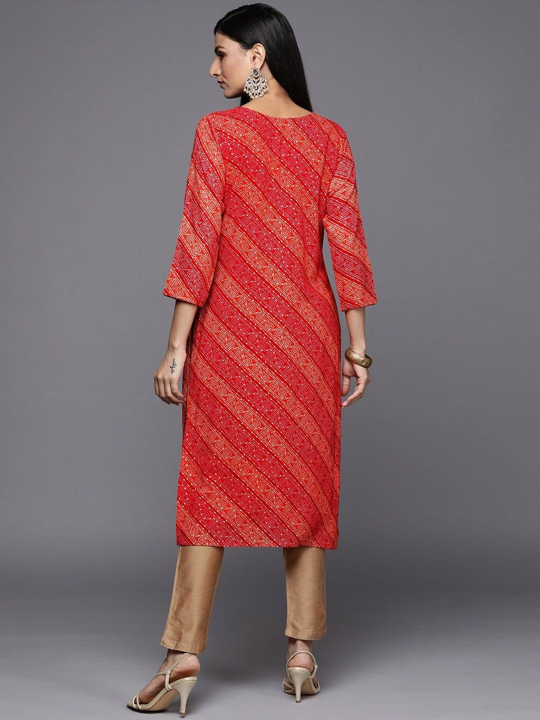 red and orange bandhani printed kurta with embroidered yoke - Indiakreations