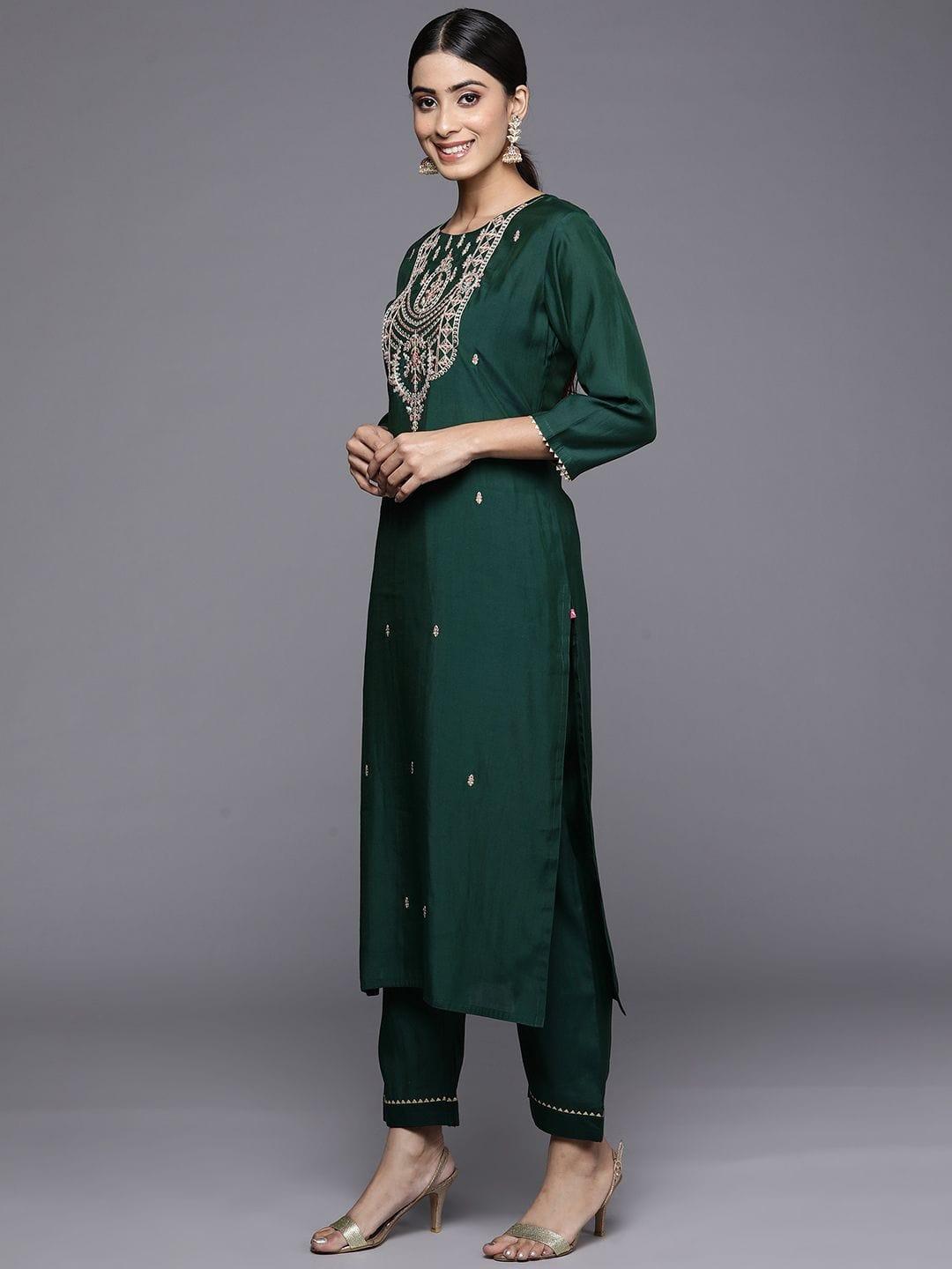 Varanga Green Embroidered Kurta Paired With Tonal Bottom And Contrast Dupatta - Indiakreations