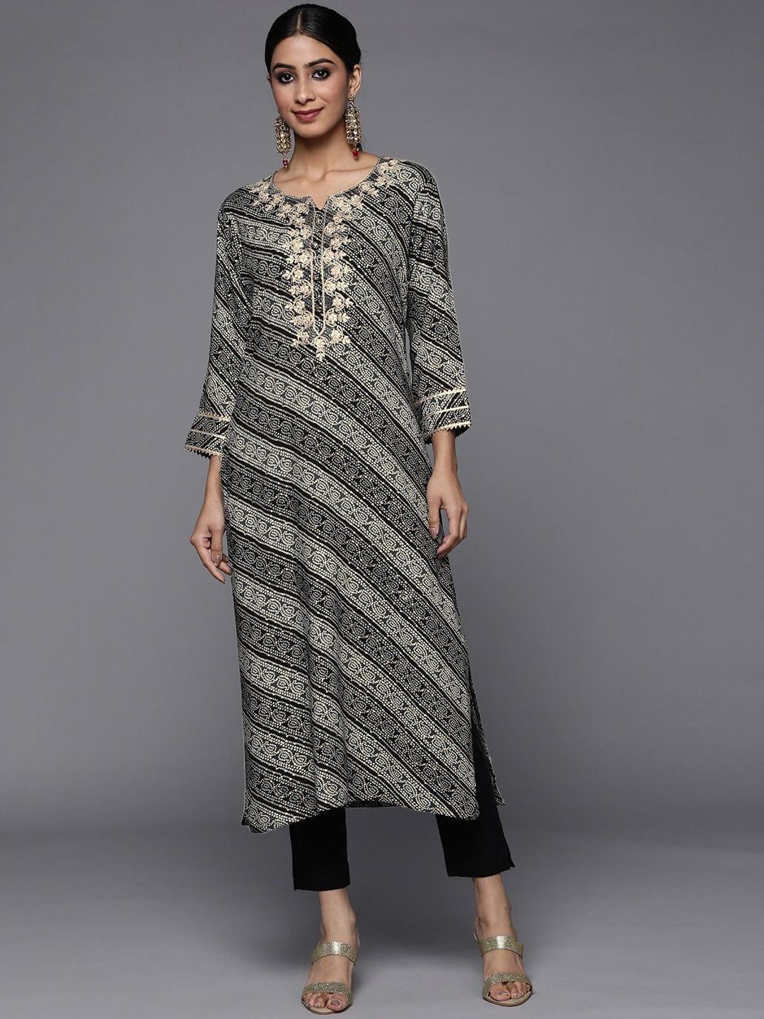 grey and black bandhani printed kurta with embroidered yoke - Indiakreations