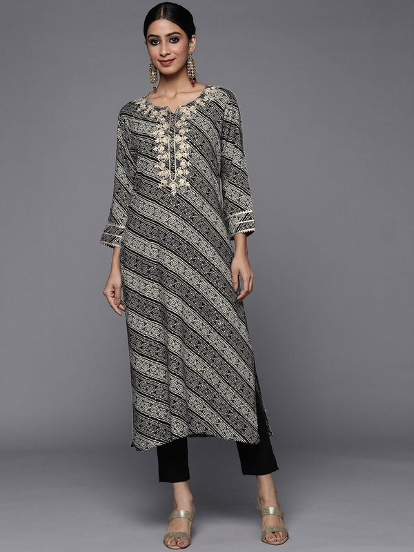 grey and black bandhani printed kurta with embroidered yoke - Indiakreations