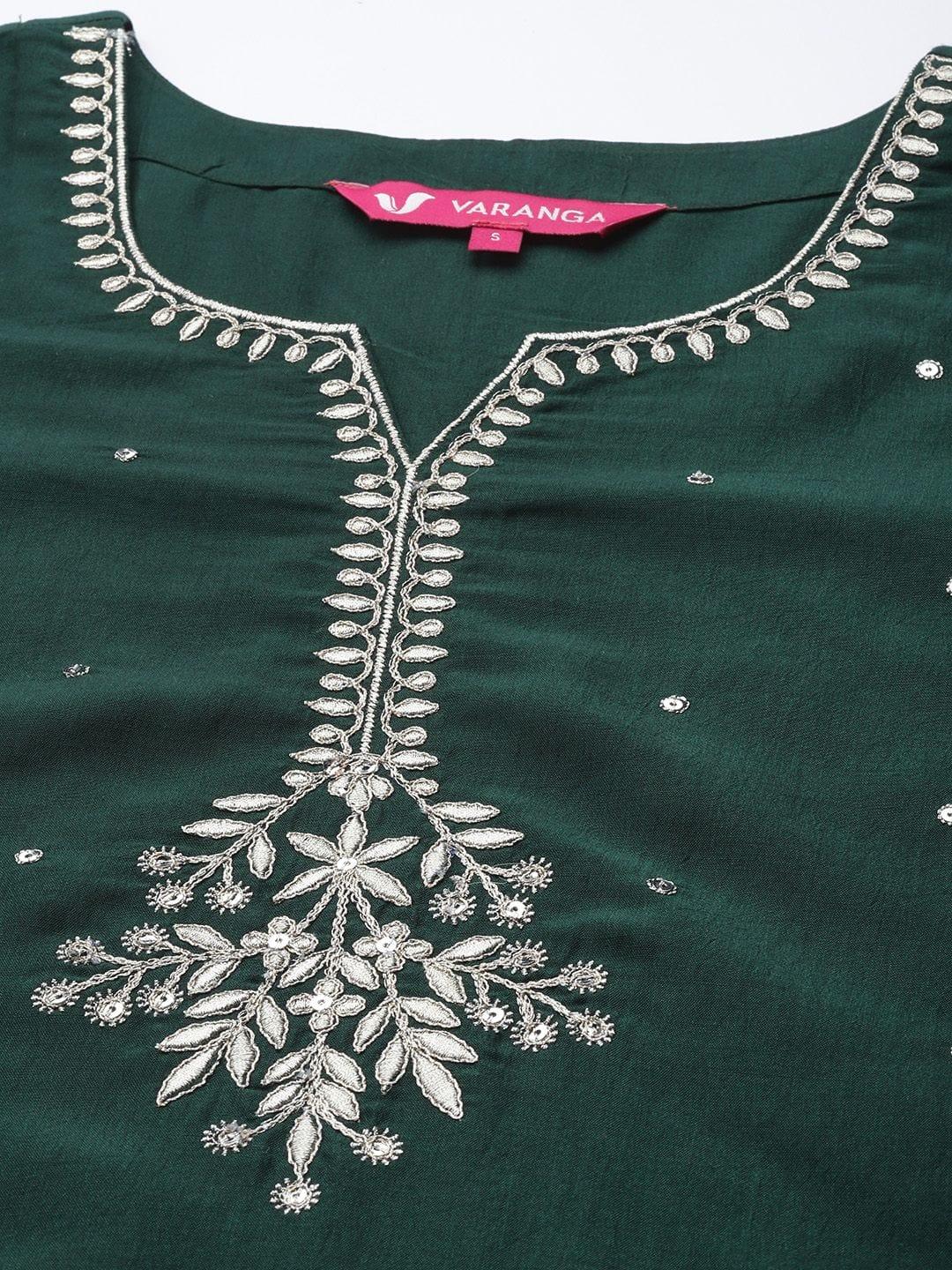 Varanga green embroidered kurta with contrast bottom and dupatta - Indiakreations