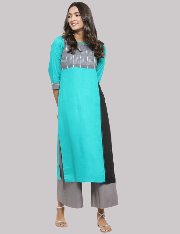 Women's KSUT Turquoise Blue And Black Panelled Straight Kurta - Varanga