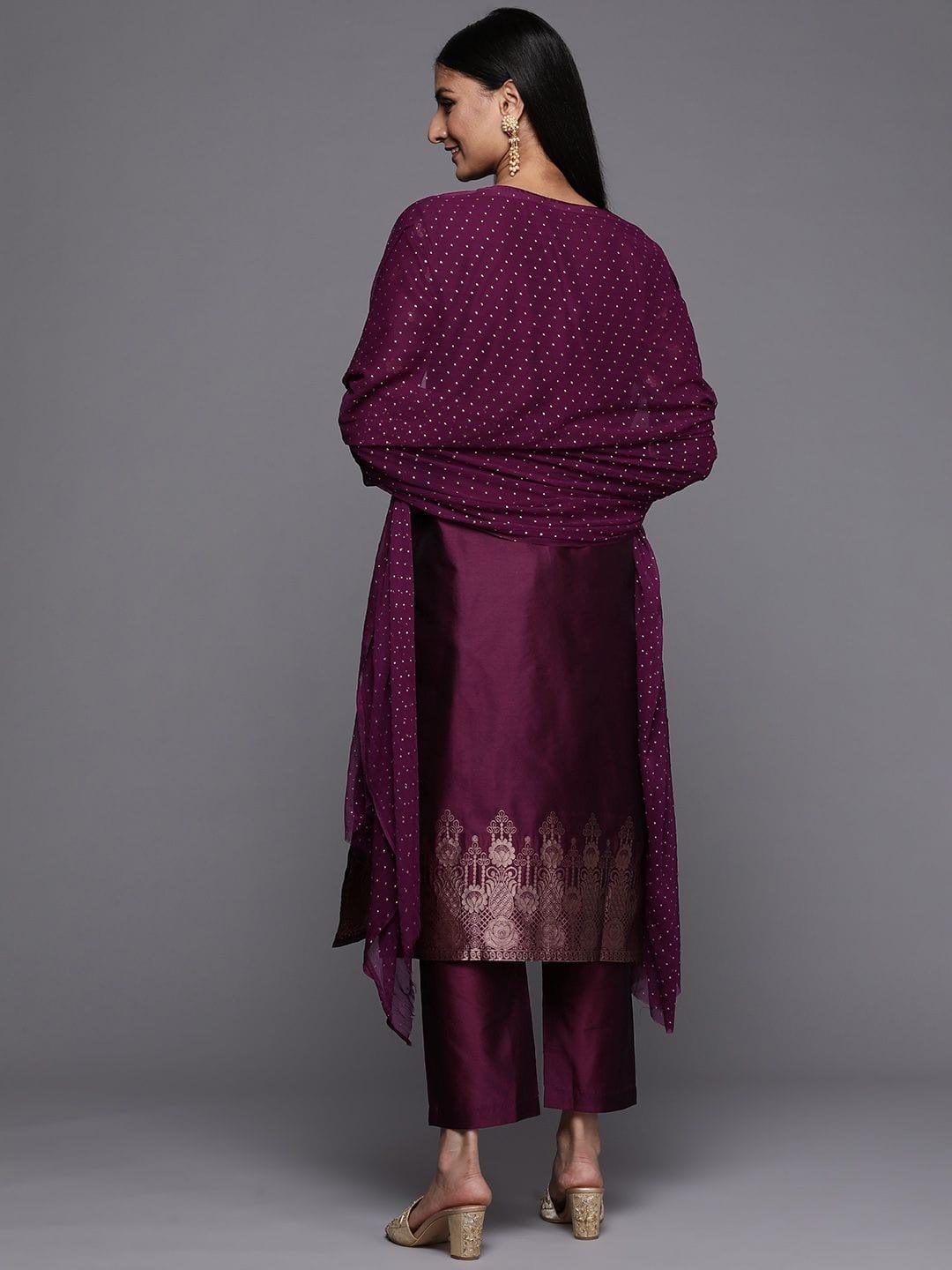 Varanga purple brocade kurta paired with straight trouser and chiffon dupatta - Indiakreations