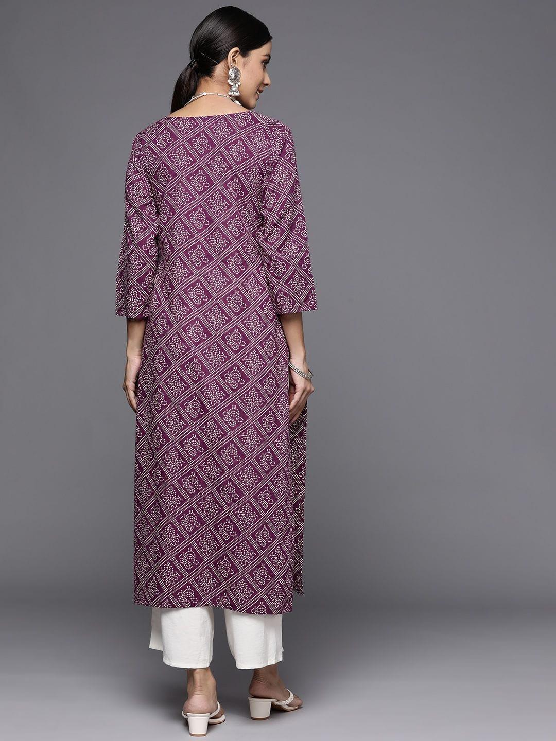 Purple Round Neck Straight Kurta With Lace Detailing On Yoke - Indiakreations