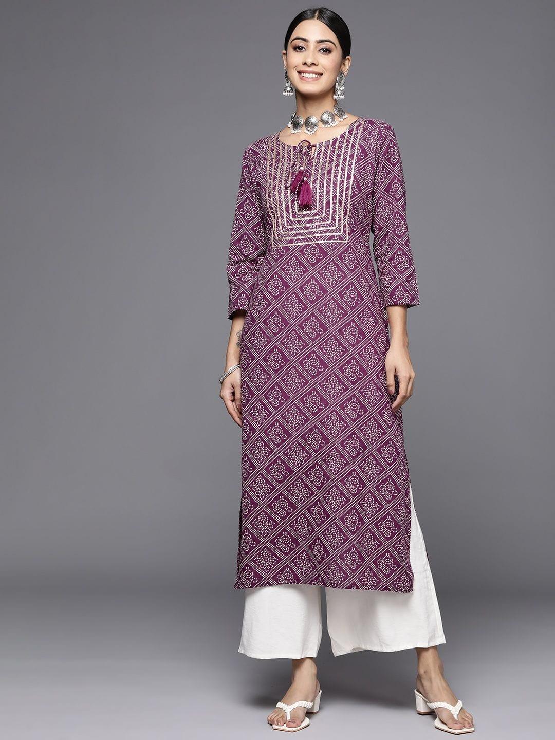 Purple Round Neck Straight Kurta With Lace Detailing On Yoke - Indiakreations