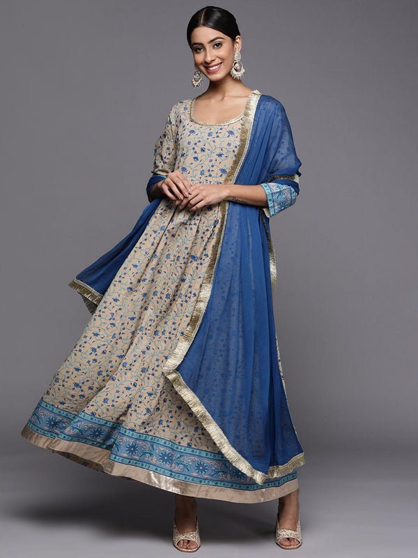 beige and blue floral printed anarkali kurta with chiffon dupatta - Indiakreations