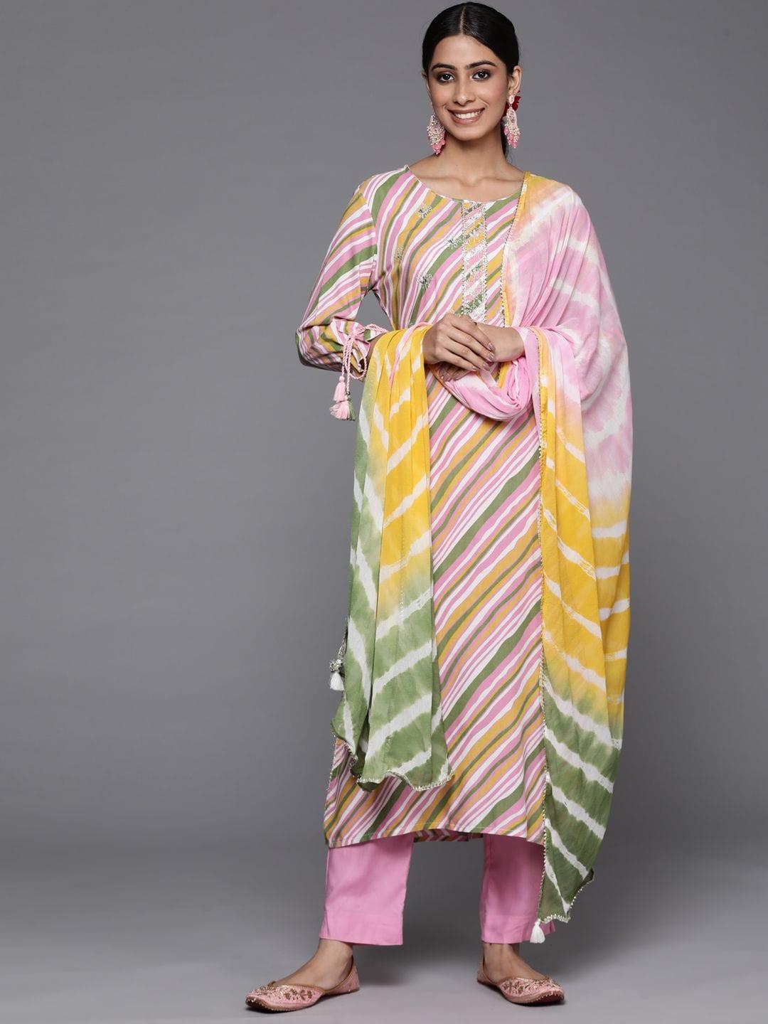 Varanga leheriya printed emboidered kurta paired with plain pink bottom - Indiakreations