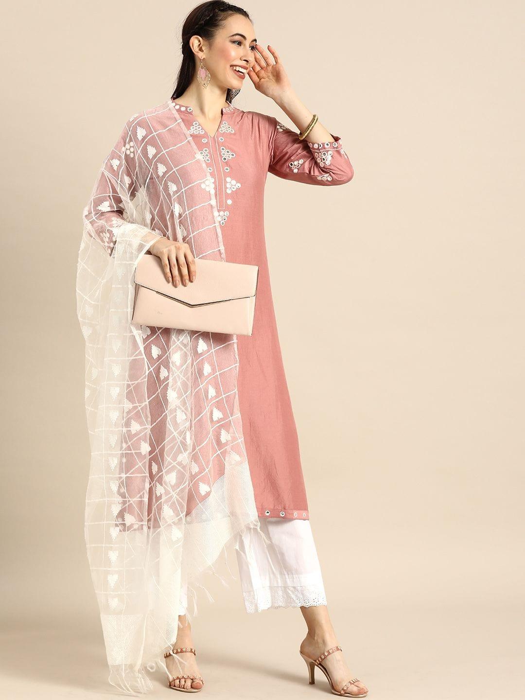 Varanga mauve mirror embroidered straight kurta paired with contrast plazzo and dupatta - Indiakreations