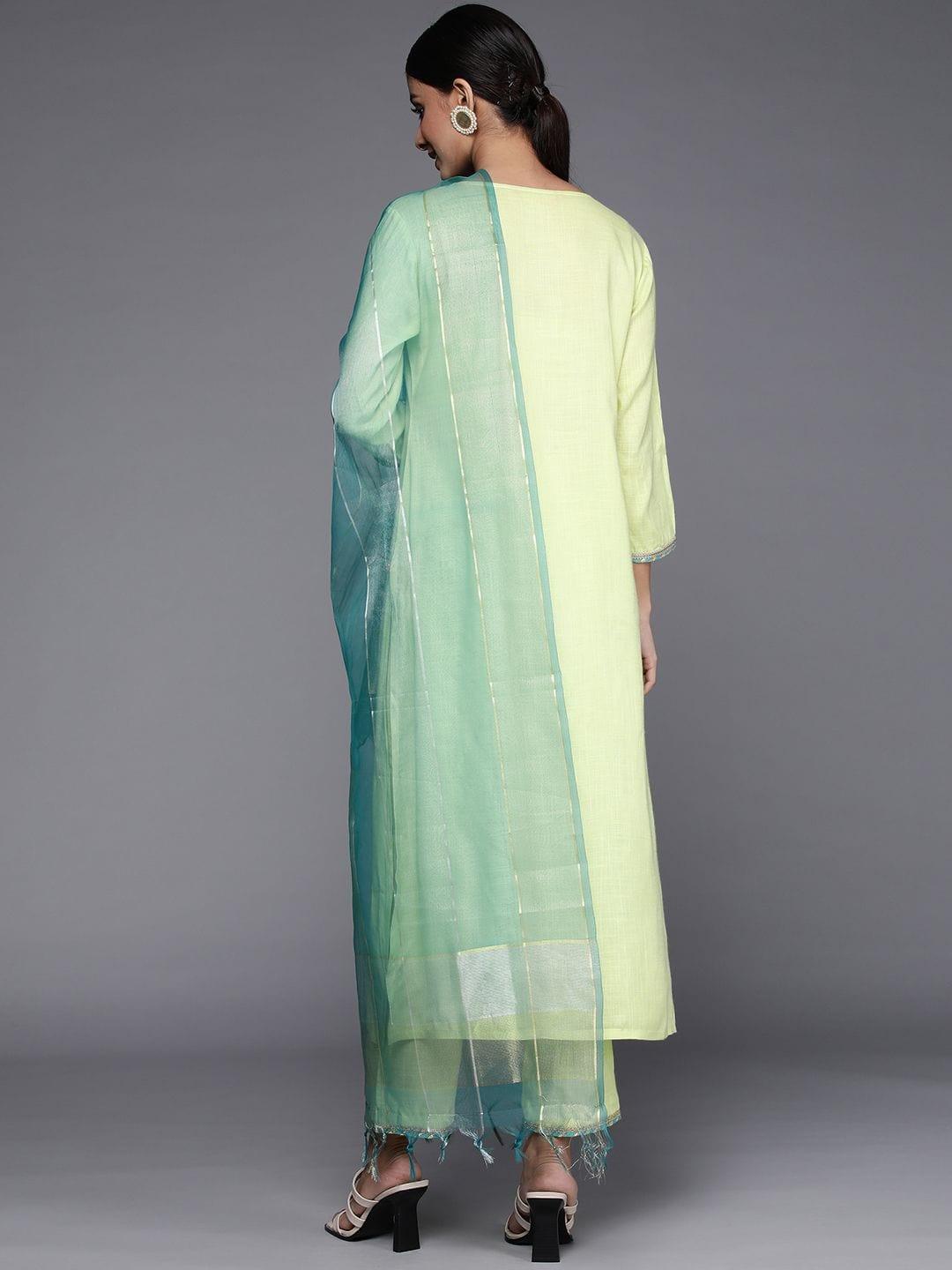 Varanga green kurta with lace embellishment paired with straight pant and dupatta - Indiakreations