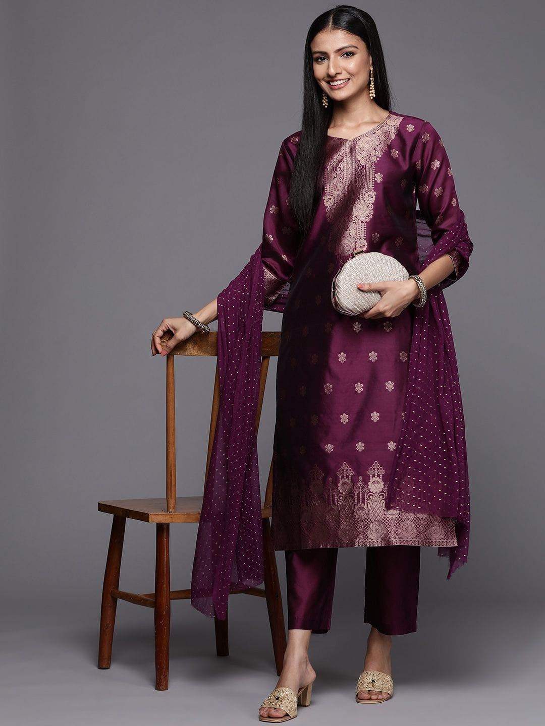 Varanga purple brocade kurta paired with straight trouser and chiffon dupatta - Indiakreations