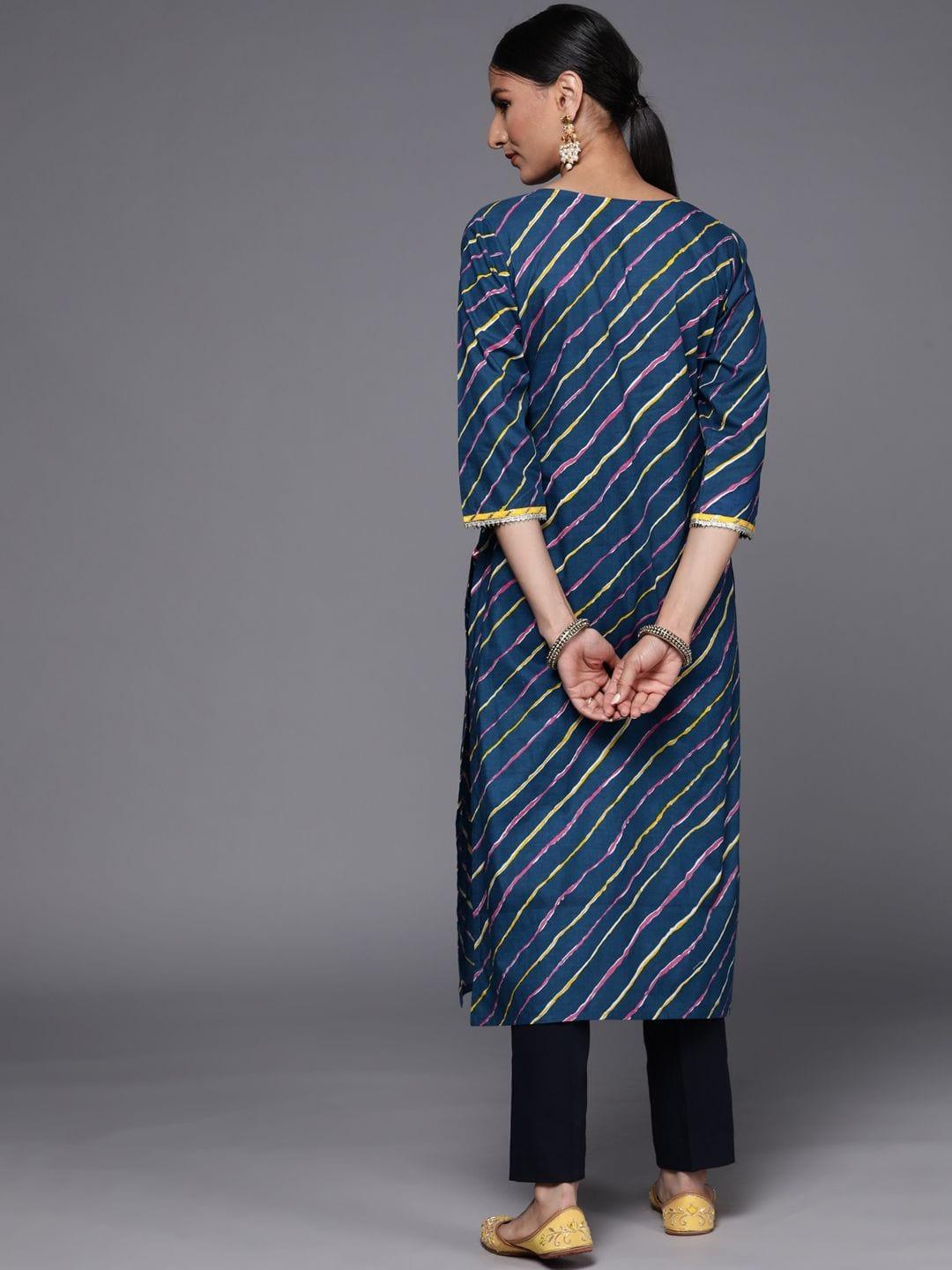 Blue cotton printed straight kurta with lace detailings - Indiakreations