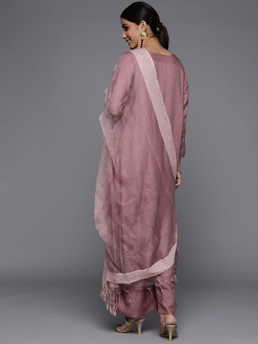 Varanga mauve embroidered A-line kurta with palazzo and dupatta - Indiakreations