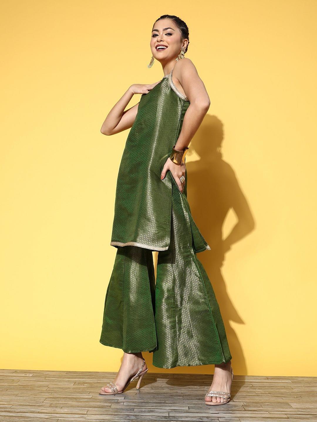 Varanga Women Green Geometric Woven Design Kurta with Sharara & Dupatta - Indiakreations