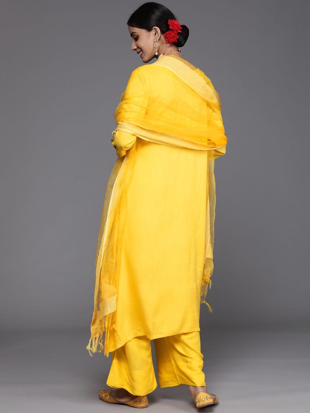 Varanga Women Yellow Solid Kurti with Palazzos & Dupatta - Indiakreations