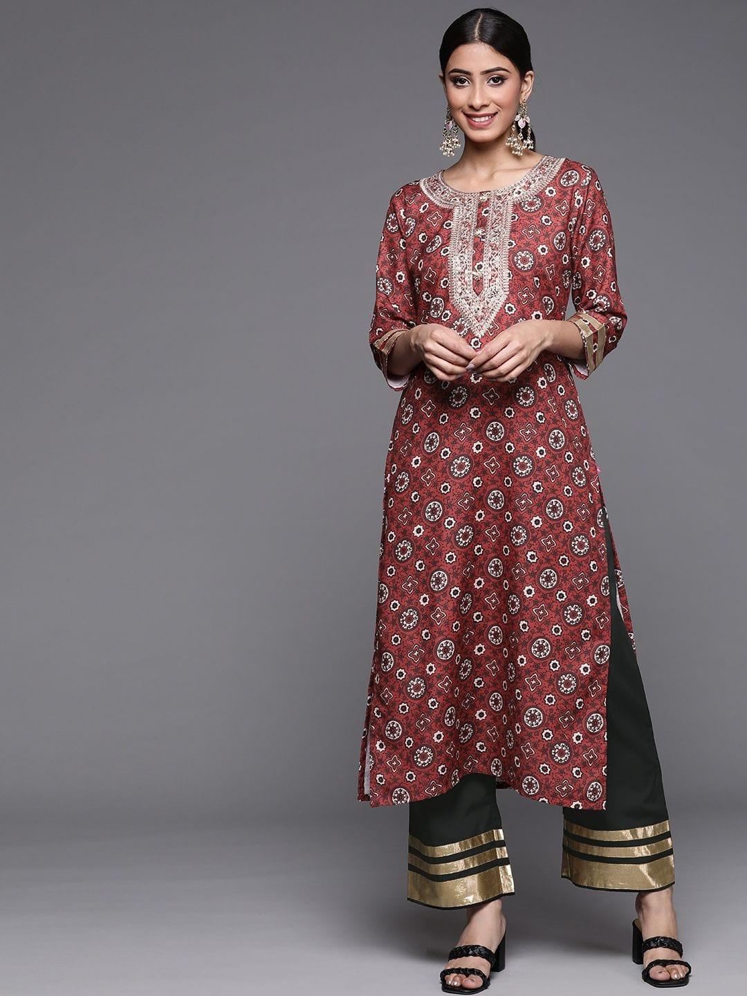 Varanga Women Maroon Ethnic Motifs Embroidered Kurta with Palazzos - Indiakreations