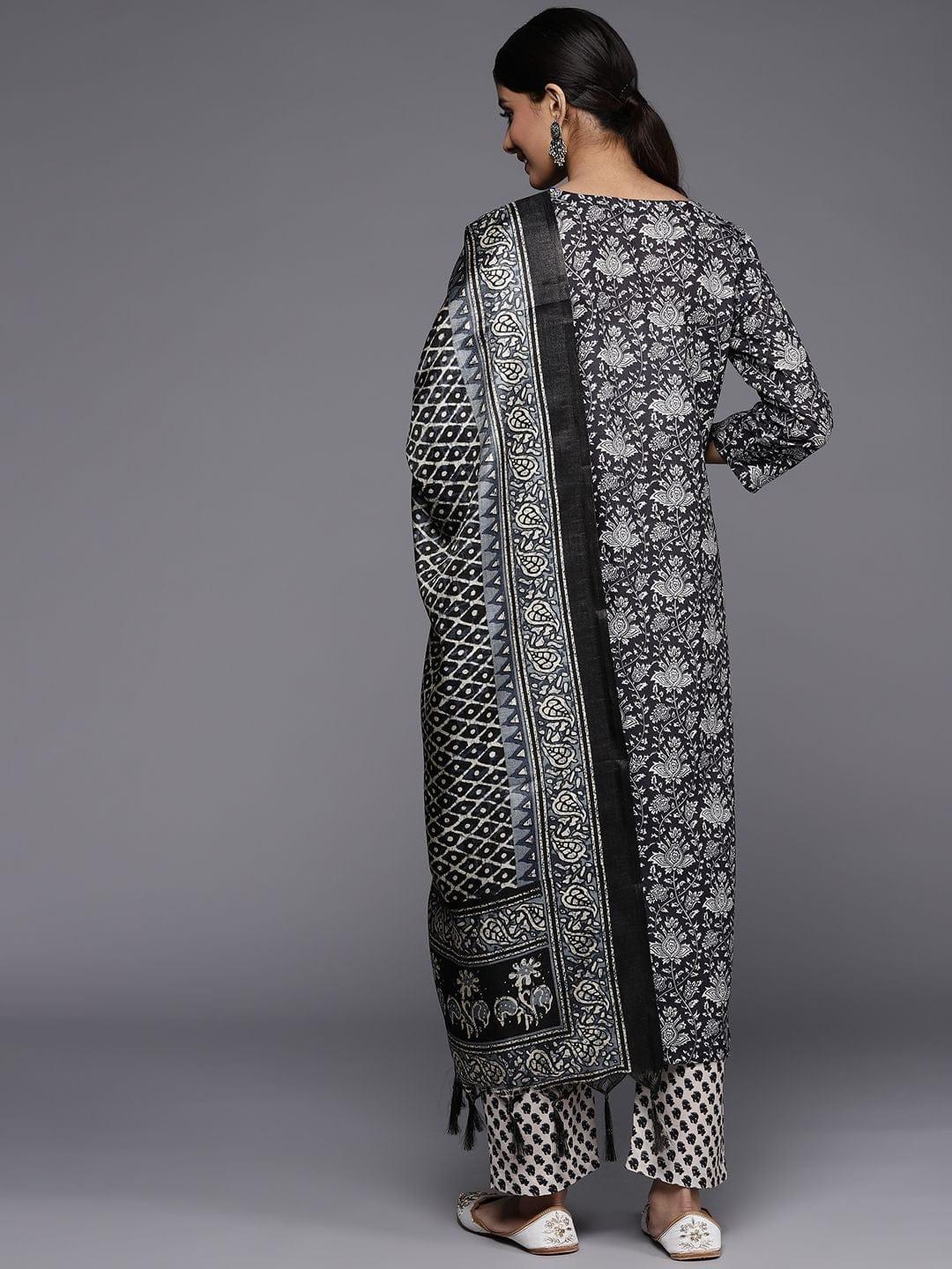 Varanga black and offwhite digital printed kurta paired with printed palazzo and dupatta - Indiakreations