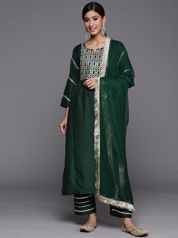 Varanga green embroidered kurta with tonal bottom and tonal chiffon dupatta - Indiakreations