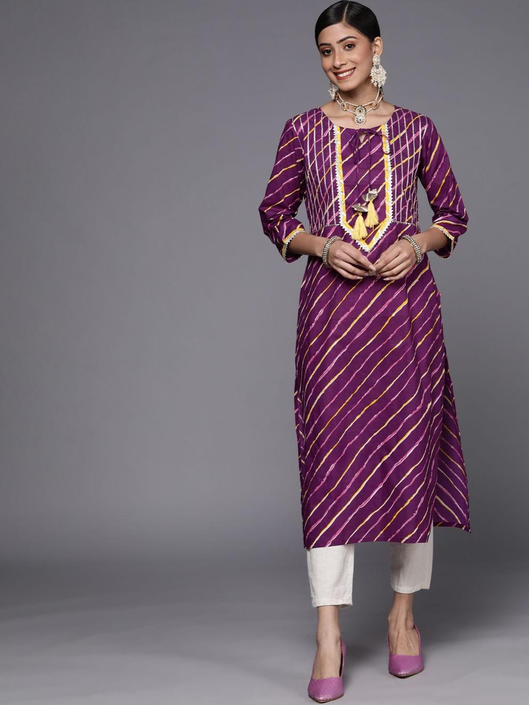 purple printed straight kurta with lace detailings on yoke - Indiakreations