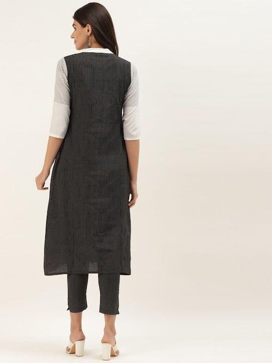 Varanga Women Black & White Striped Kurta with Trousers - Indiakreations